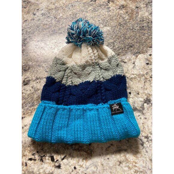 City Hunter Knit Pom Pom Beanie Hat Blue Grey White Winter Ski Snowboard Y2K - Picture 8 of 8